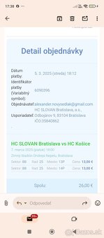 Predám 2 lístky na zápas 7.3.2025 SLOVAN - Košice - 2