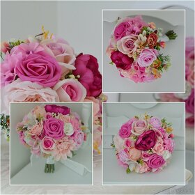 Svadobná kytica bielo-ružová s pierkom pre ženícha - 3