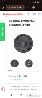 Aparatura Eminence Beta A  8" 8ohm 225 RMS 450watt - 3