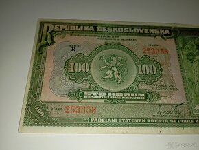 VZÁCNÁ BANKOVKA 100 KČS 1920, JEDNOPÍSMENNÁ, NEPERFOROVANÁ - 3