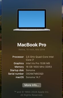 MacBook Pro 15", mid 2014, Retina, 2.5GHz, DG, nová batéria - 3