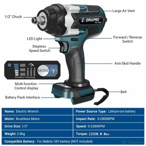 AKU RAZOVY UTAHOVAK 2200NM NA BATÉRIE,, MAKITA 18V-90€ - 3