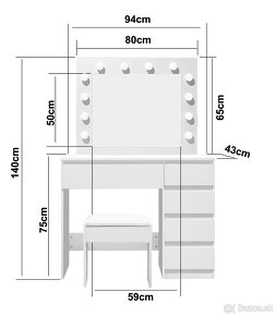 toaletný kozmetický stolík s led osvetlením a taburetkou - 4
