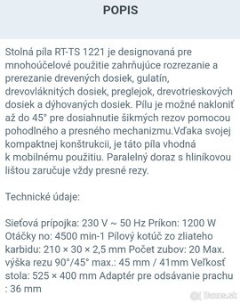 Predám nepoužitú stolnú pílu Einhell  RT-TS 1221 - 4