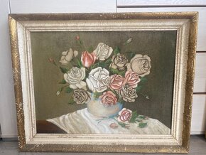 Starožitný maľovaný obraz - kvety - 4