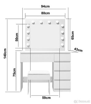 toaletný kozmetický stolík +  led osvetlenie a taburetka - 4