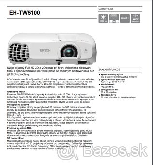 Projektor EPSON EH-TW5100 Full HD 1008p/3D + repro sústava - 5