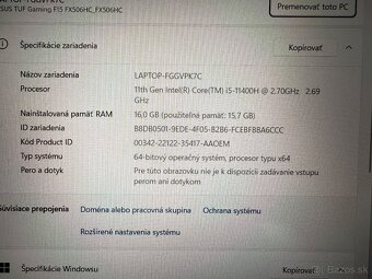Predám herný notebook ASUS TUF Gaming F15 (FX506H) - 5