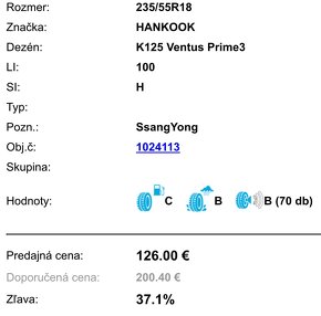 235/55R18 100H Hankook VentusPrime3 Nové - 1000km - 6