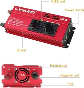 LVYUAN menič napätia 12 V 230 V 1500 W/4 USB/2 EU zasuvky - 6