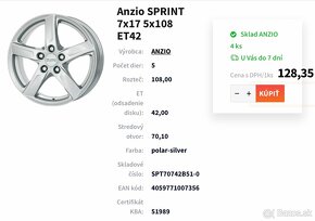 Predám alu disky Anzio Sprit 7x17, rozteč 5x108 - 7