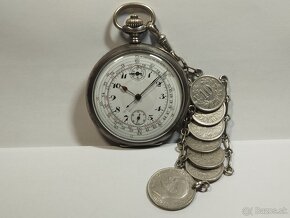 Starožitný stříbrný kapesní chronograf + šatlén a krabička - 7