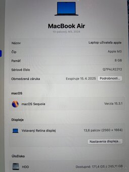 Predám MacBook Air 13" M3 8GB 256GB Vesmírne šedý SK - 8